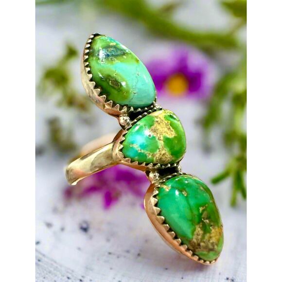 Sonoran Gold Turquoise Three Stone Ring Sterling Adjustable 5-10 - Picture 5 of 8